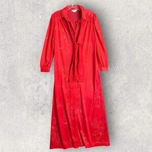 Vintage Kayser Womens Long Nylon Nightgown Size Medium Red Floral Button Up USA